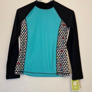 Circo, NWT, Rash guard/sun shirt, black and aqua with accent colors, size 14/16,